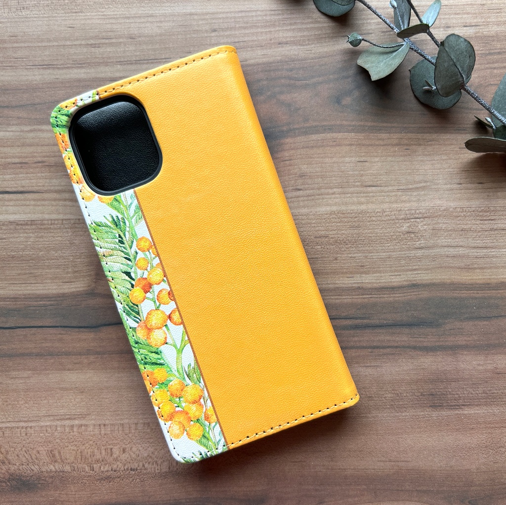 ミモザの手帳型スマホケース(ウォームオレンジ) 花 スマホケース iphone16e iphone14 iphone15 全機種対応 ミモザ
