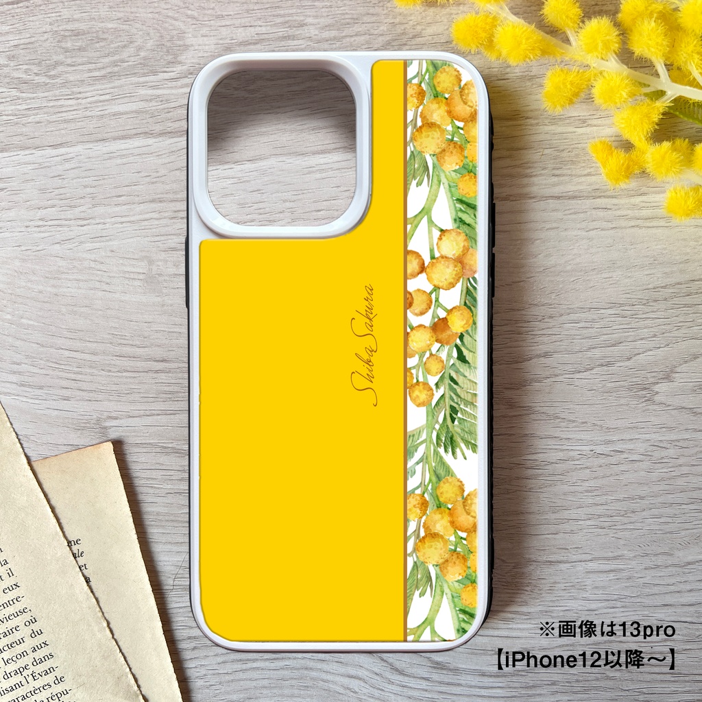 ミモザのガラススマホケース(イエロー) iPhone17 Air iphone13 iphone15 iphone16e 花 ミモザ スマホケース iphone14