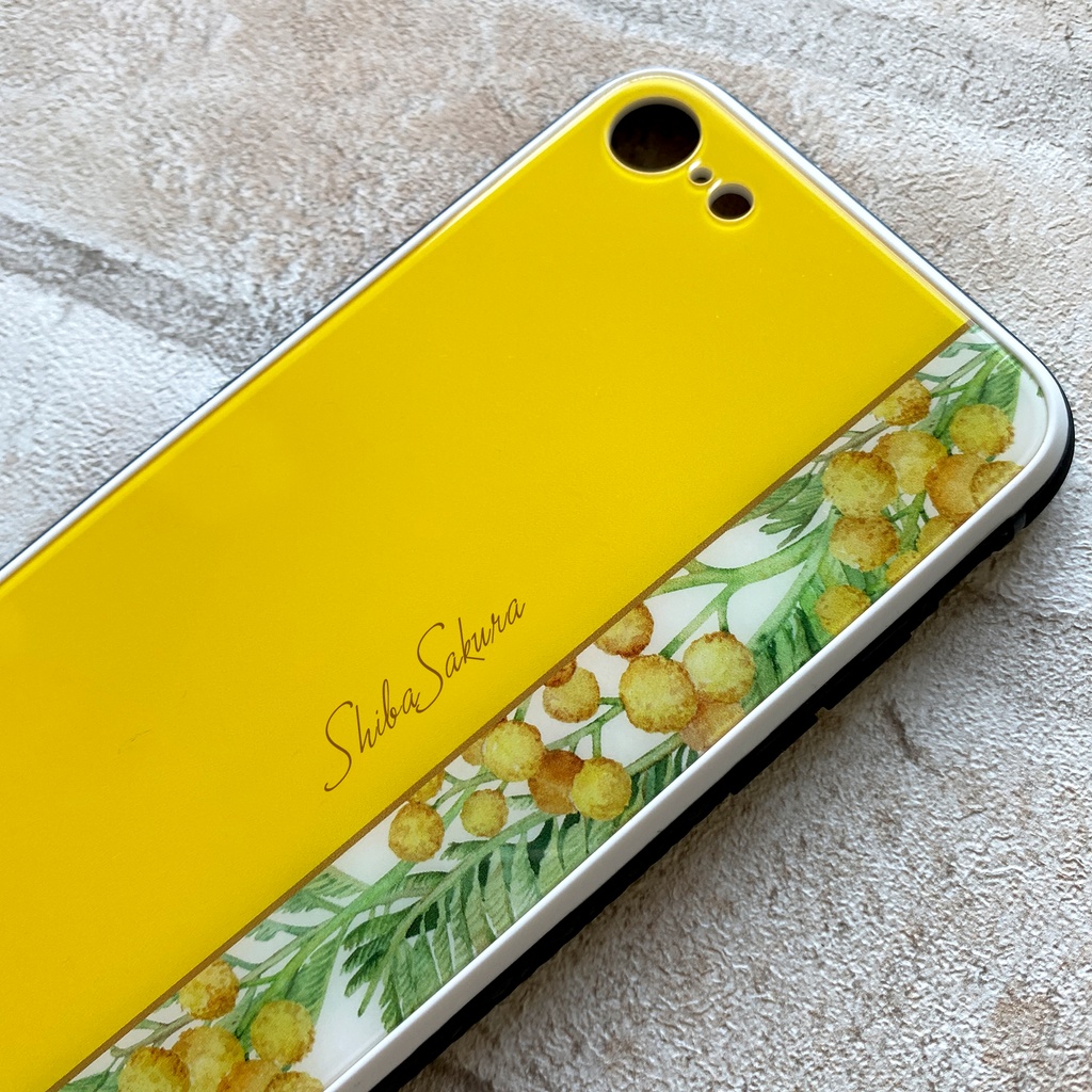 ミモザのガラススマホケース(イエロー) iPhone17 Air iphone13 iphone15 iphone16e 花 ミモザ スマホケース iphone14