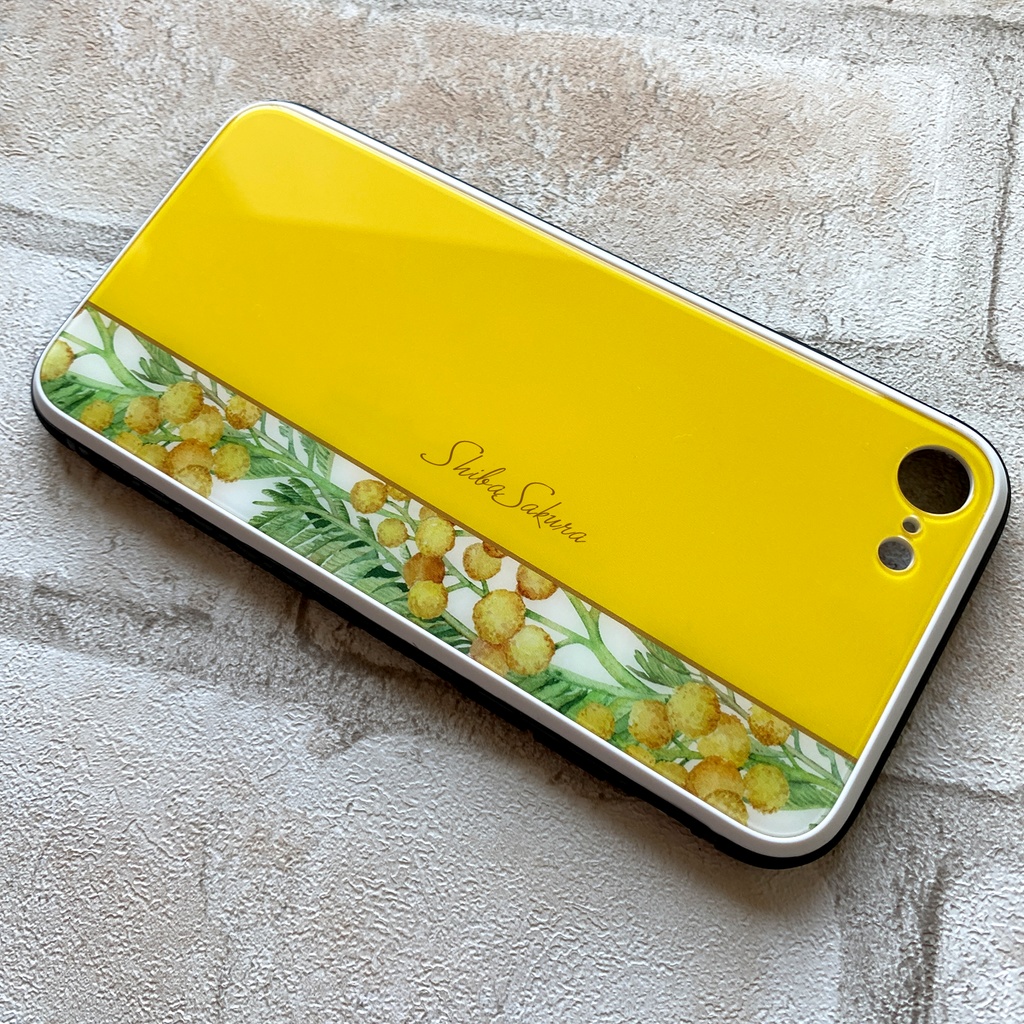 ミモザのガラススマホケース(イエロー) iPhone17 Air iphone13 iphone15 iphone16e 花 ミモザ スマホケース iphone14