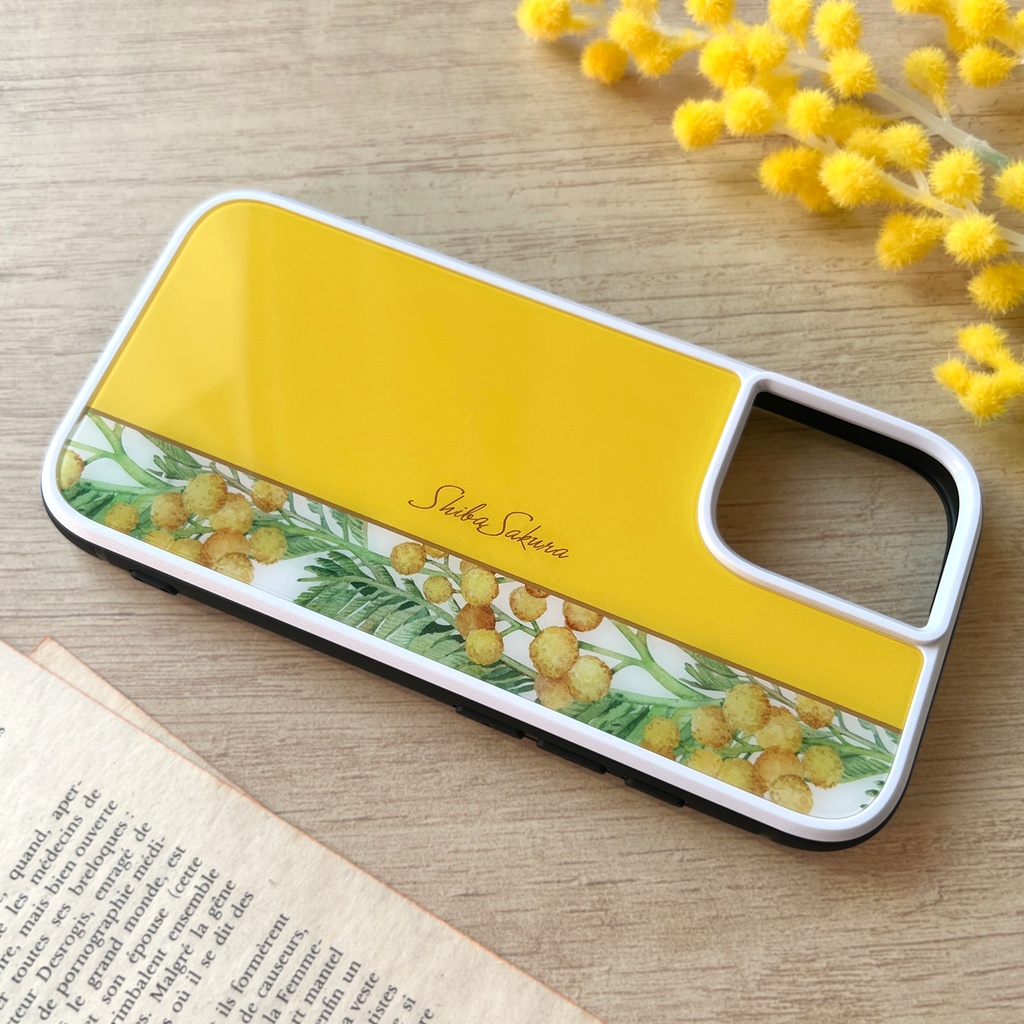ミモザのガラススマホケース(イエロー) iPhone17 Air iphone13 iphone15 iphone16e 花 ミモザ スマホケース iphone14