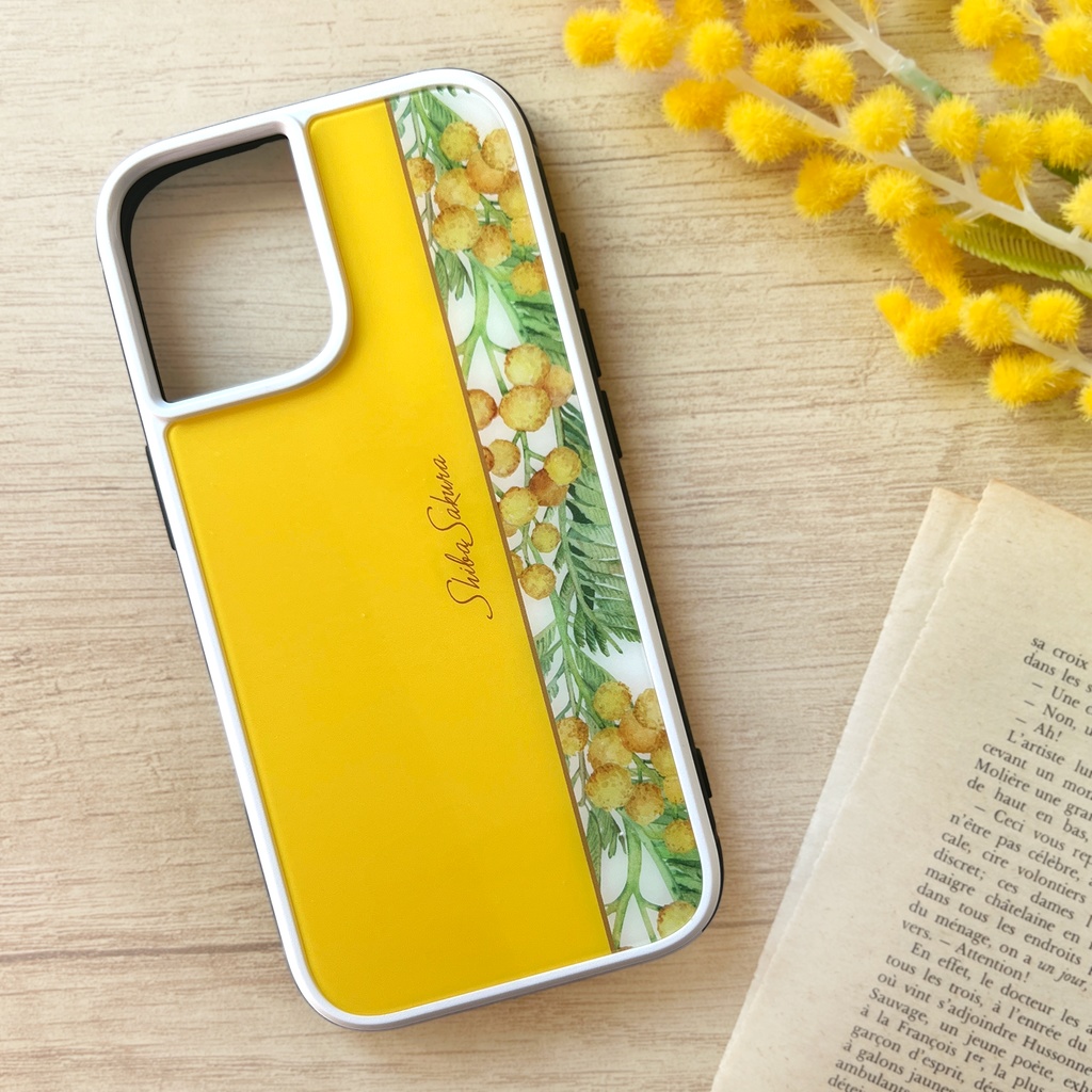ミモザのガラススマホケース（イエロー） iPhone17 Air iphone13  iphone15 iphone16e 花 ミモザ スマホケース iphone14
