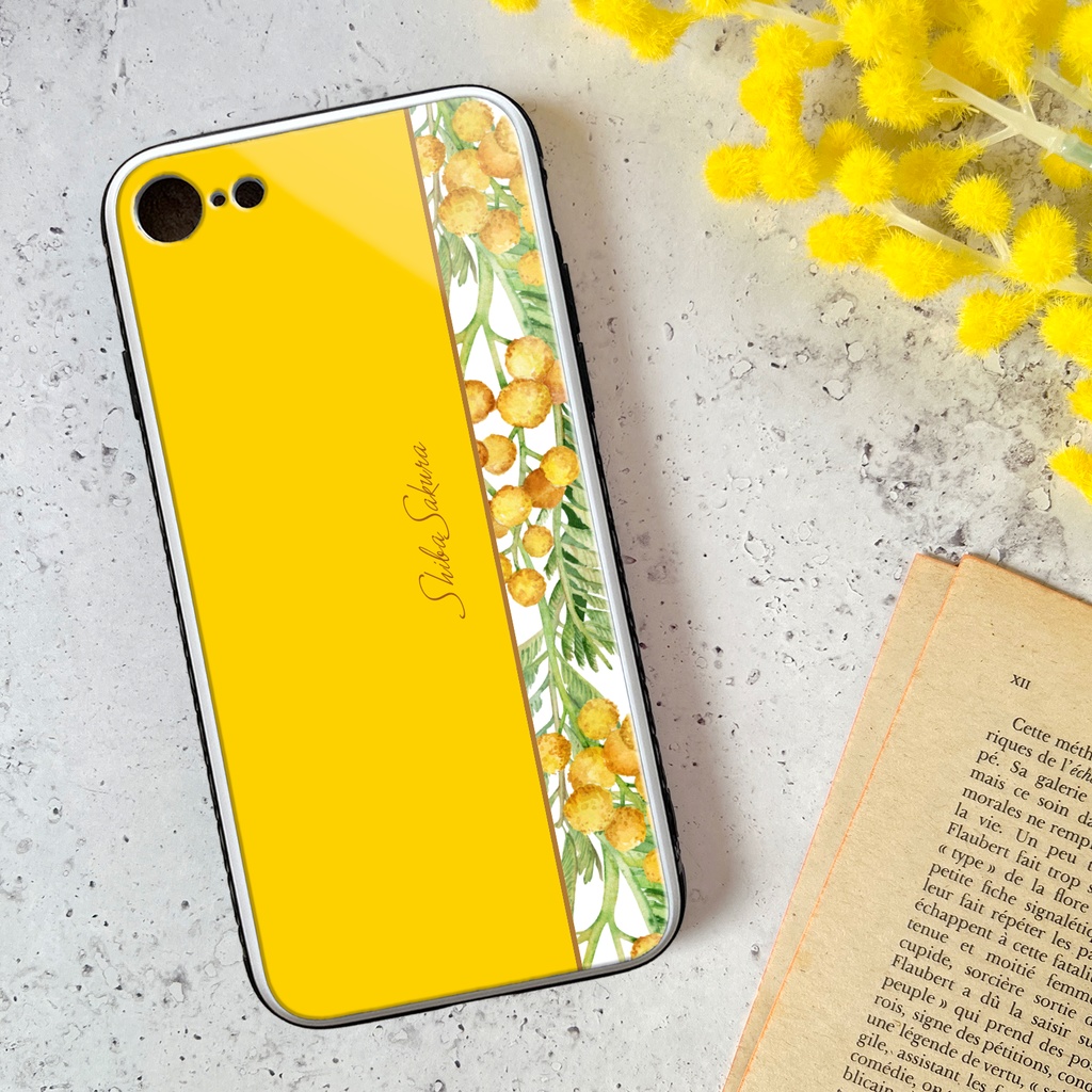 ミモザのガラススマホケース(イエロー) iPhone17 Air iphone13 iphone15 iphone16e 花 ミモザ スマホケース iphone14