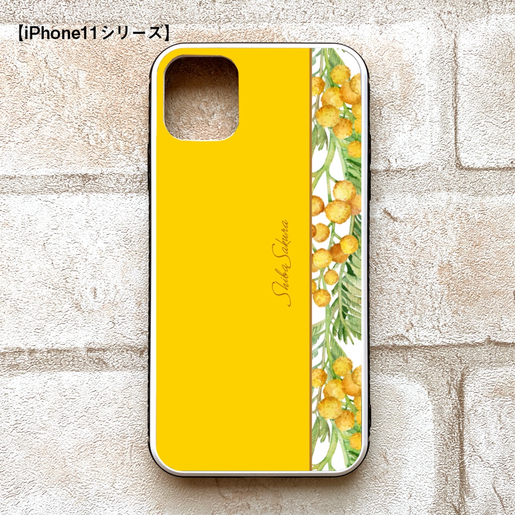 ミモザのガラススマホケース(イエロー) iPhone17 Air iphone13 iphone15 iphone16e 花 ミモザ スマホケース iphone14