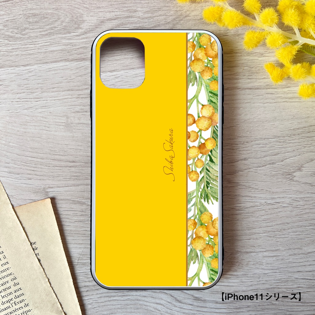 ミモザのガラススマホケース(イエロー) iPhone17 Air iphone13 iphone15 iphone16e 花 ミモザ スマホケース iphone14