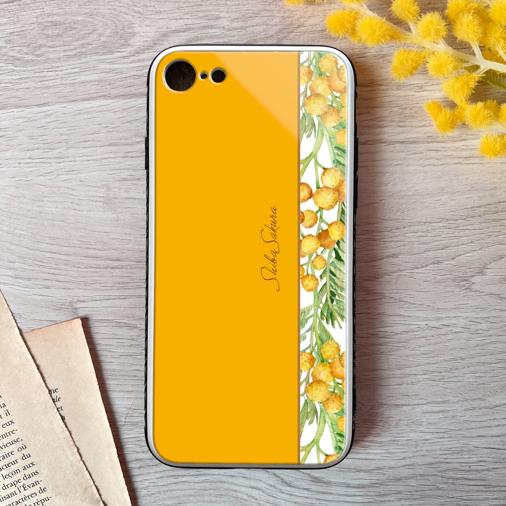 ミモザのガラススマホケース(ウォームオレンジ) iPhone17 Air iphone16e iphone13 iphone15 花 ミモザ スマホケース iphone14