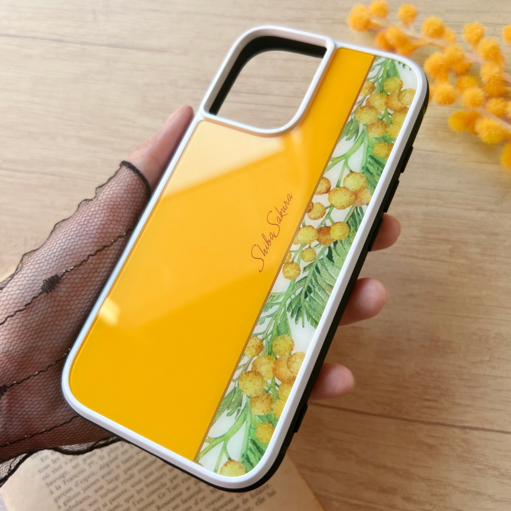 ミモザのガラススマホケース(ウォームオレンジ) iPhone17 Air iphone16e iphone13 iphone15 花 ミモザ スマホケース iphone14