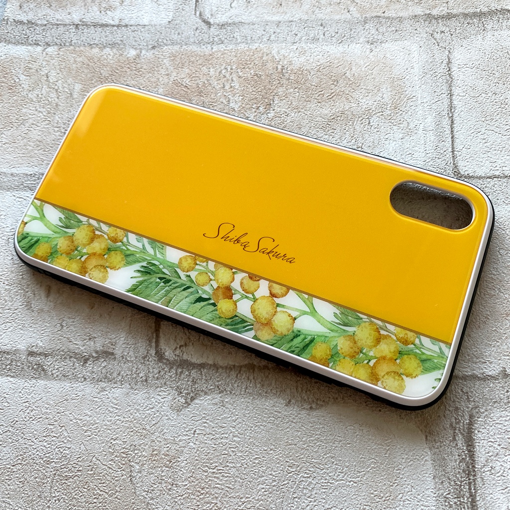 ミモザのガラススマホケース(ウォームオレンジ) iPhone17 Air iphone16e iphone13 iphone15 花 ミモザ スマホケース iphone14
