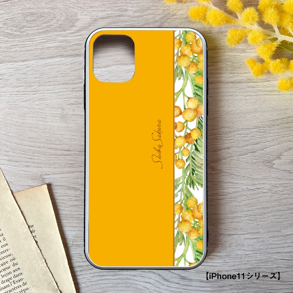 ミモザのガラススマホケース(ウォームオレンジ) iPhone17 Air iphone16e iphone13 iphone15 花 ミモザ スマホケース iphone14