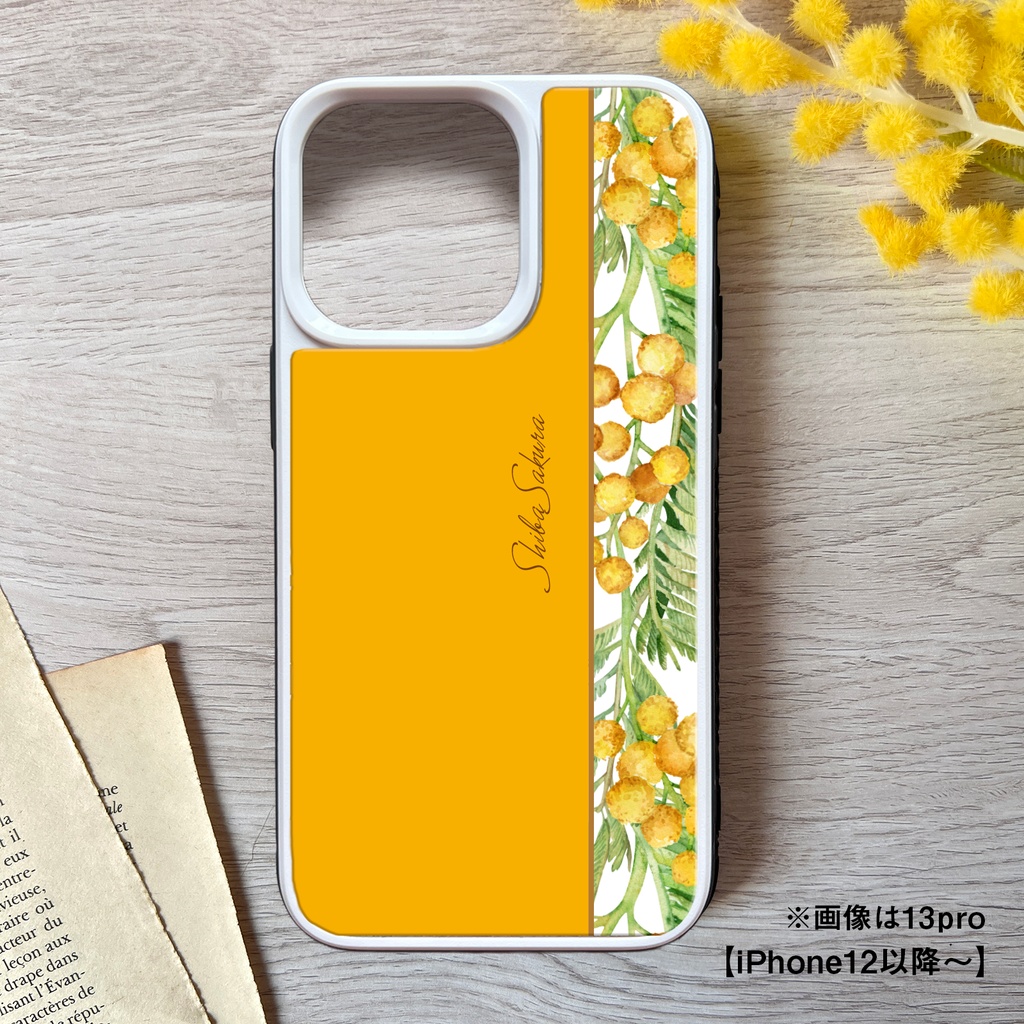 ミモザのガラススマホケース(ウォームオレンジ) iPhone17 Air iphone16e iphone13 iphone15 花 ミモザ スマホケース iphone14