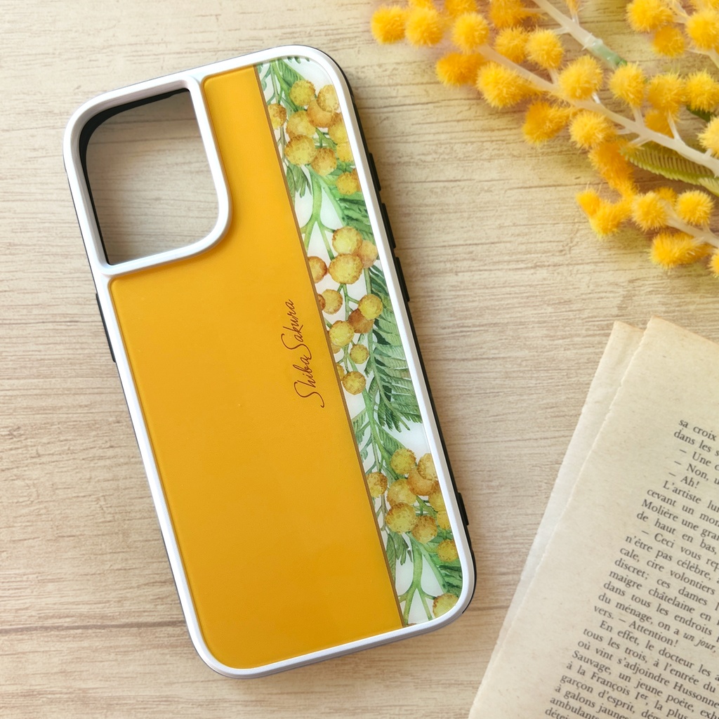 ミモザのガラススマホケース（ウォームオレンジ） iPhone17 Air iphone16e iphone13 iphone15 花 ミモザ スマホケース iphone14