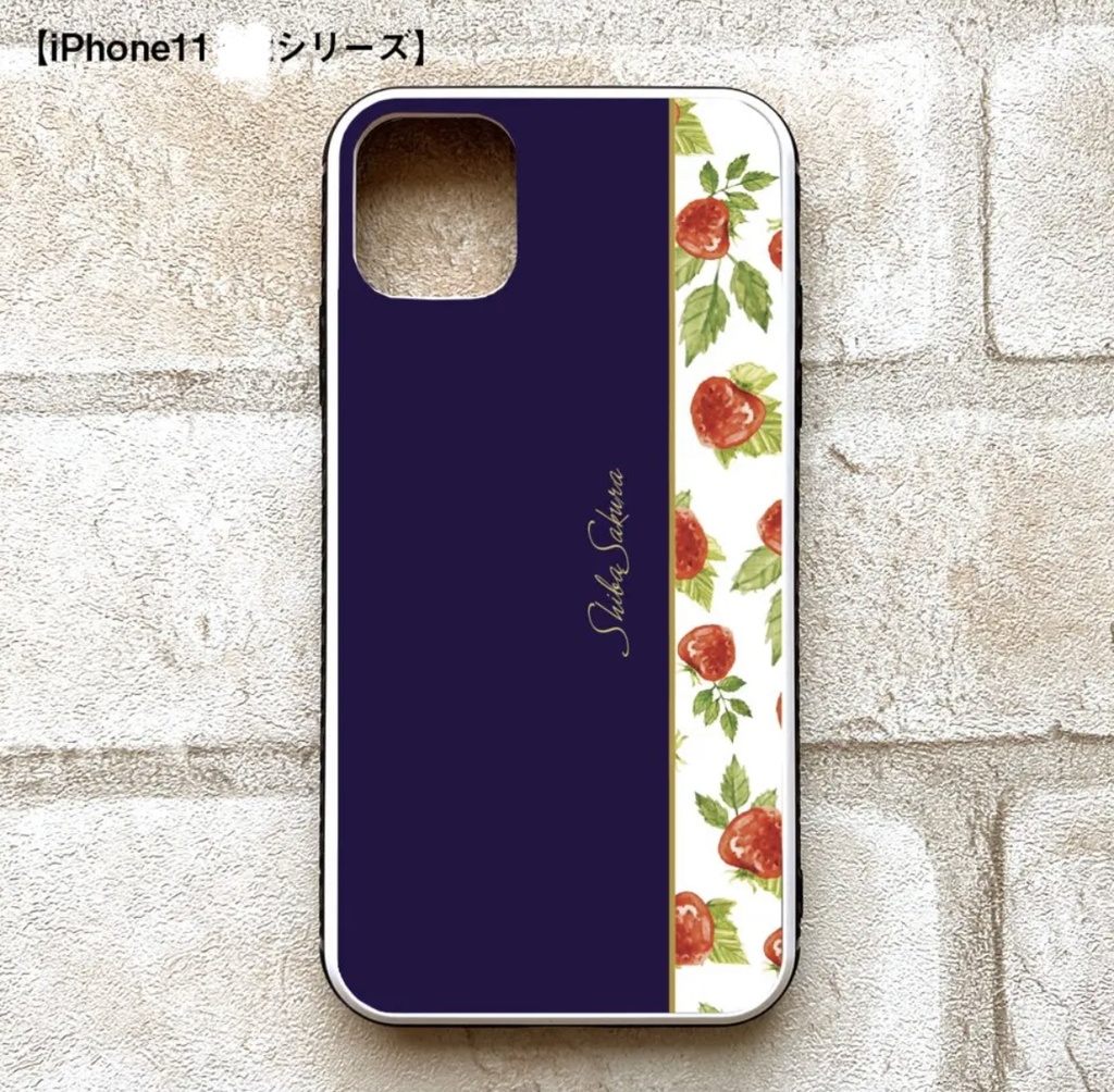 ワイルドストロベリーのスマホケース(ネイビー) 強化ガラス iphone12 iphone13 いちご iphone14
