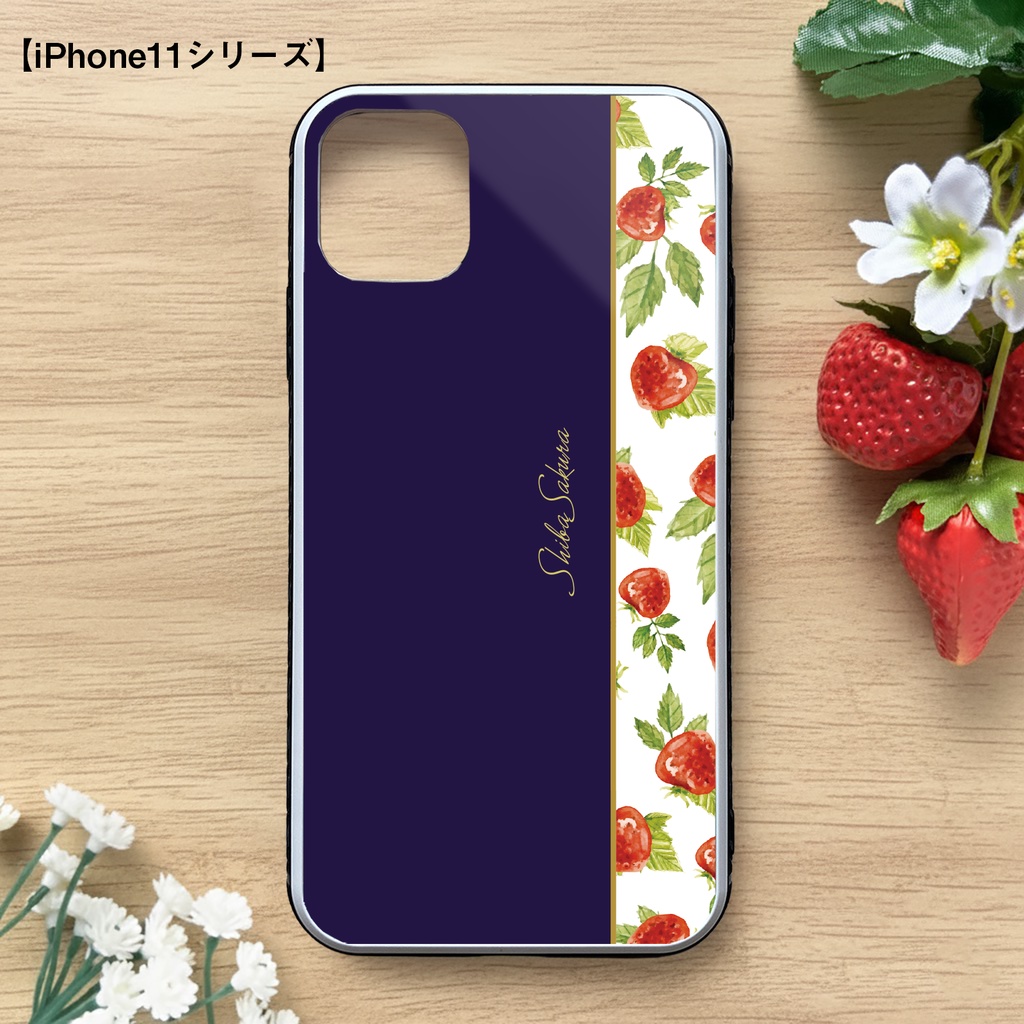ワイルドストロベリーのスマホケース(ネイビー) 強化ガラス iPhone17 Air iphone13 iphone15 iphone16e いちご iphone14