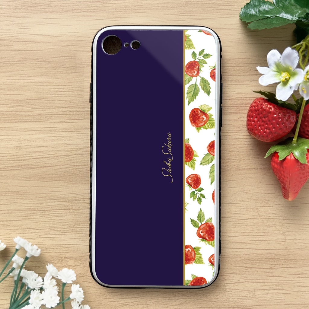ワイルドストロベリーのスマホケース（ネイビー） 強化ガラス iPhone17 Air iphone13 iphone15 iphone16e いちご iphone14