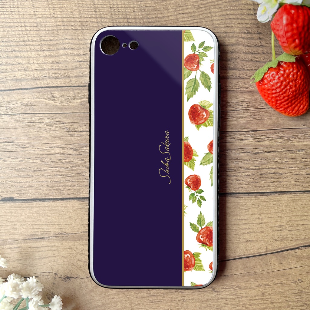 ワイルドストロベリーのスマホケース(ネイビー) 強化ガラス iPhone17 Air iphone13 iphone15 iphone16e いちご iphone14