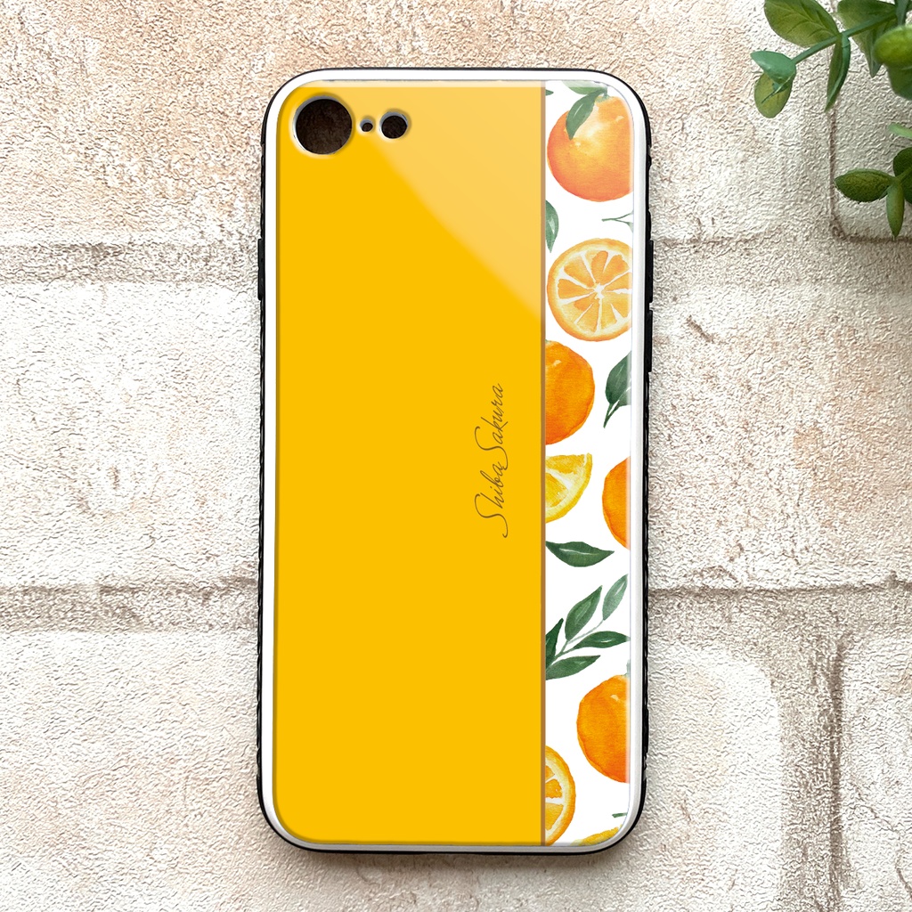 ネーブルオレンジのスマホケース  強化ガラス iphone12 iphone13 オレンジ みかん スマホケース iphone14 iphone15