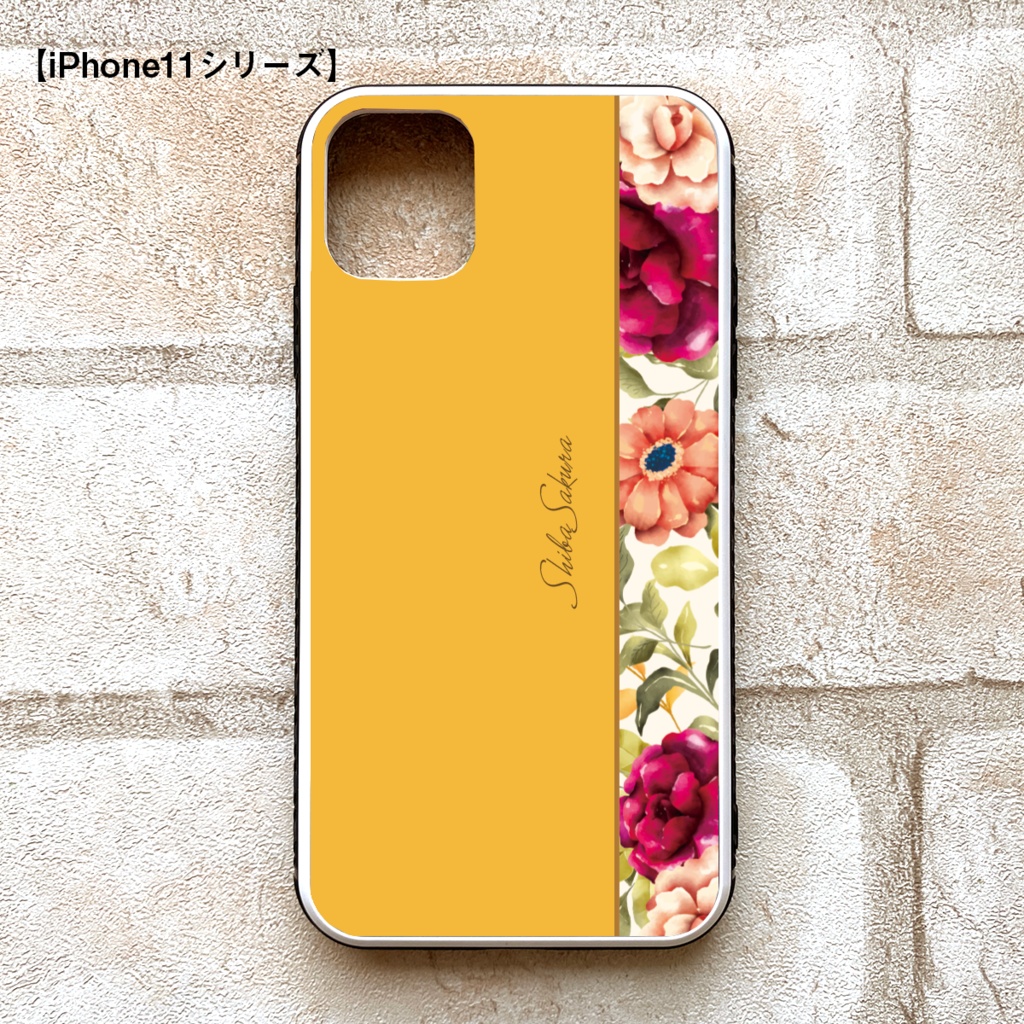 秋バラとコスモスのスマホケース(マスタード) 強化ガラス iPhone17 Air iphone13 iphone16 iphone13 バラ コスモス スマホケース iphone14 iphone15