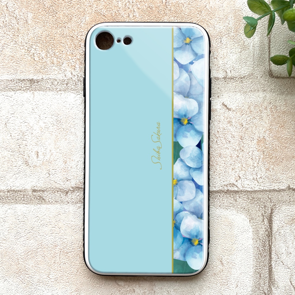 梅雨の紫陽花のスマホケース（ライトブルー）  強化ガラス iphone15 iphone13 ipohne14 アジサイ スマホケース 梅雨