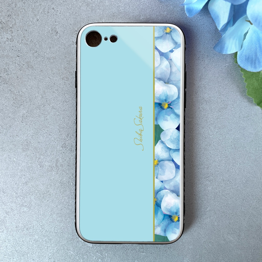 梅雨の紫陽花のスマホケース（ライトブルー）  強化ガラス iPhone17e Air iphone13 iphone15 iphone16 ipohne14 アジサイ スマホケース 梅雨