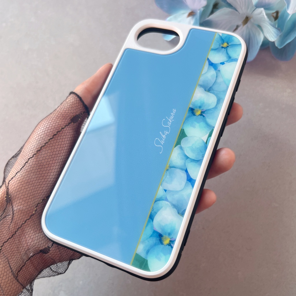 梅雨の紫陽花のスマホケース(薄青) 強化ガラス iphone15 iphone16 iPhone17 Air iphone13 iphone14 アジサイ スマホケース 梅雨