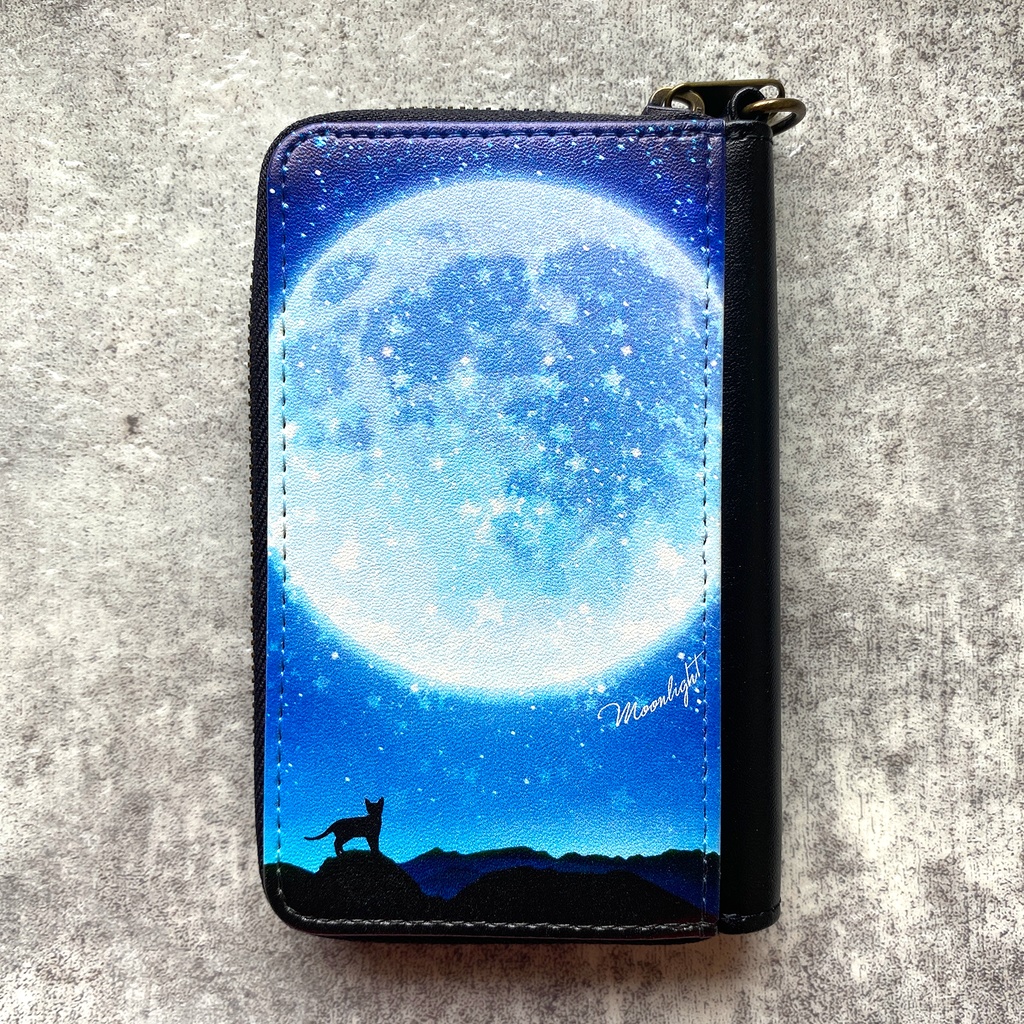 【名入れok】満月とねこのコインケース(ブルー) 猫 黒猫 コインケース