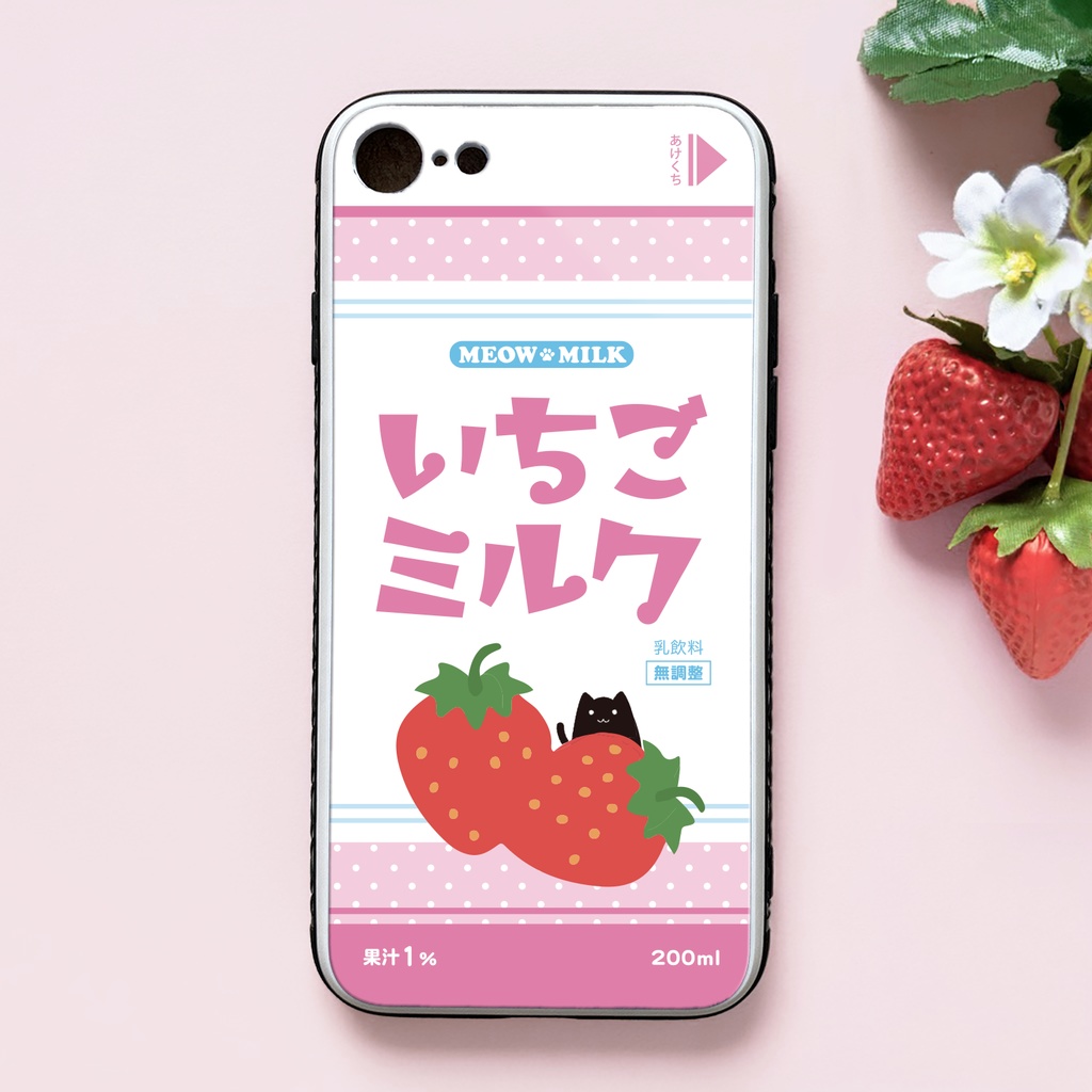 黒猫といちごみるくのスマホケース （強化ガラス）スマホケース 強化ガラス 猫 iPhone15 iphone16 iphone13 黒猫 いちご iPhone17 Air iphone14
