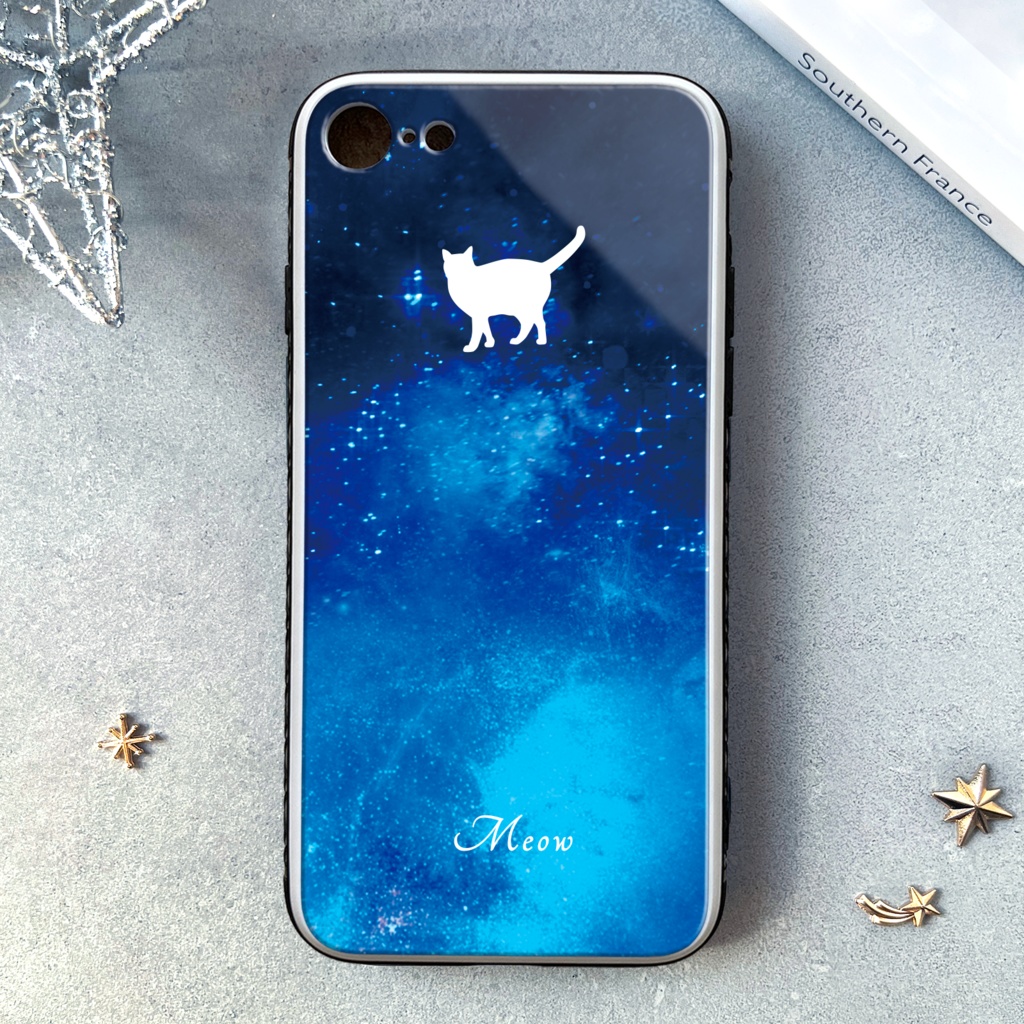 宇宙と白猫のガラススマホケース 強化ガラス 宇宙 猫 iPhone17 Air iPhone16e iphone14 iphone13 スマホケース iphone15