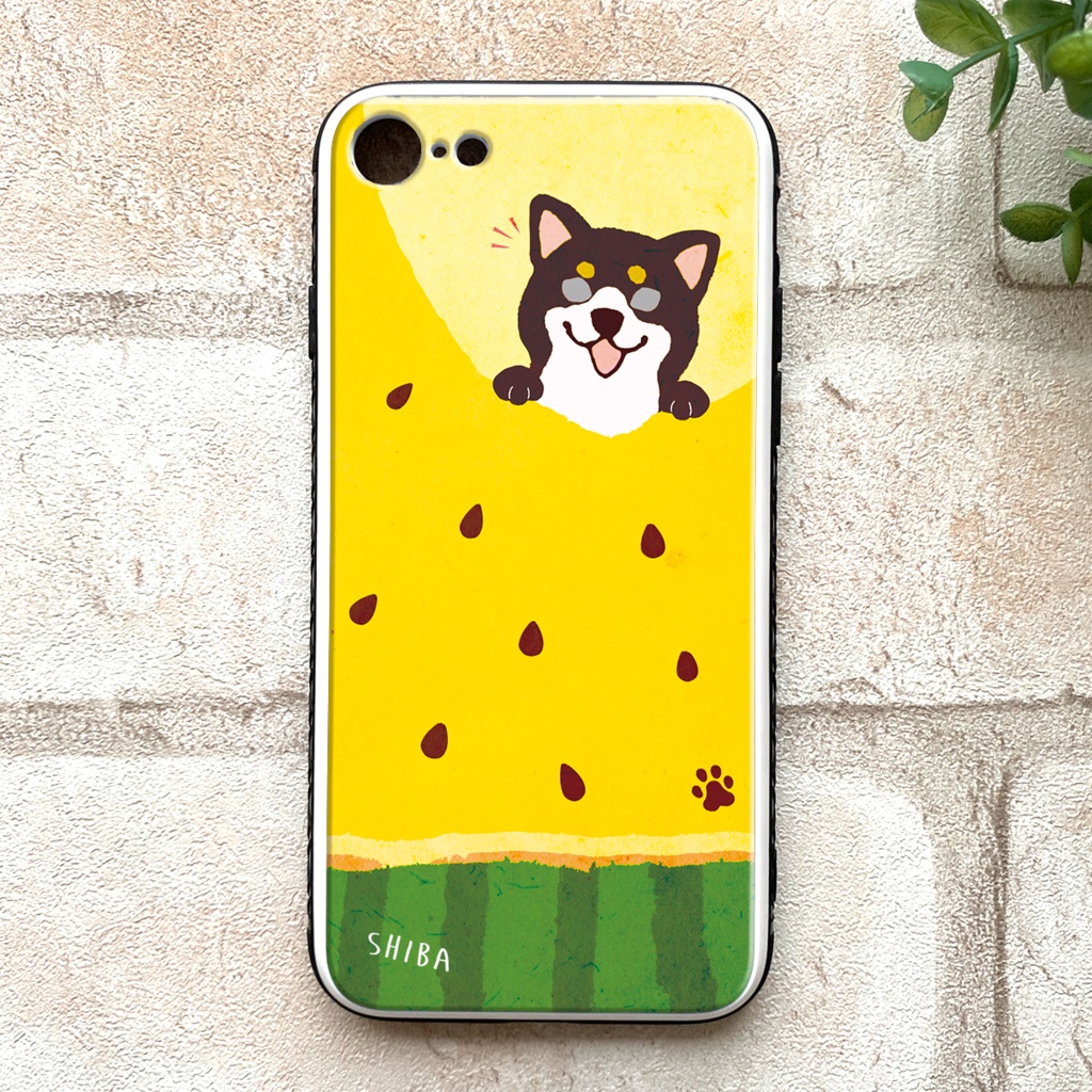 黄色いスイカが食べたい柴ちゃんのガラススマホケース （黒柴） スマホケース 強化ガラス 柴犬 iPhone15 iphone16 iphone13 犬 黒柴 iphone14