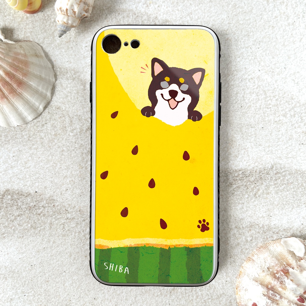 黄色いスイカが食べたい柴ちゃんのガラススマホケース （黒柴） スマホケース 強化ガラス 柴犬 iPhone15 iphone16 iphone13 犬 黒柴 iPhone17e Air iphone14