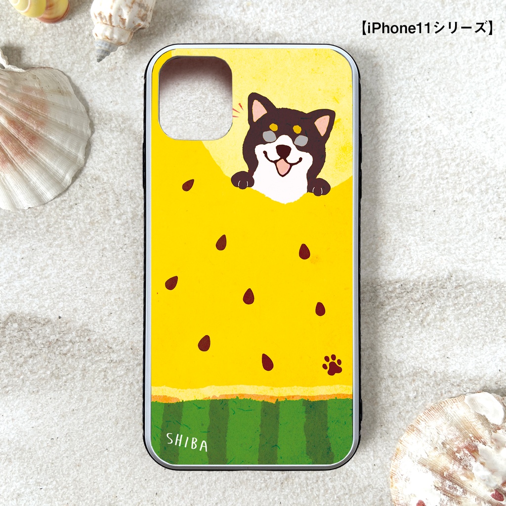 黄色いスイカが食べたい柴ちゃんのガラススマホケース (黒柴) スマホケース 強化ガラス 柴犬 iPhone15 iphone16 iphone13 犬 黒柴 iPhone17e Air iphone14