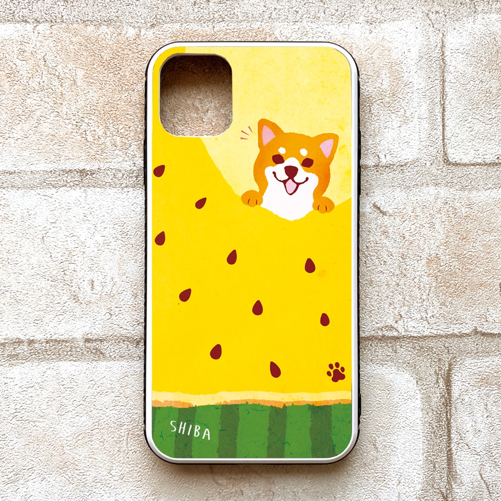 黄色いスイカが食べたい柴ちゃんのガラススマホケース (赤柴) スマホケース 強化ガラス 柴犬 iPhone15 iphone16 iphone13 犬 黒柴 iPhone17 Air iphone14