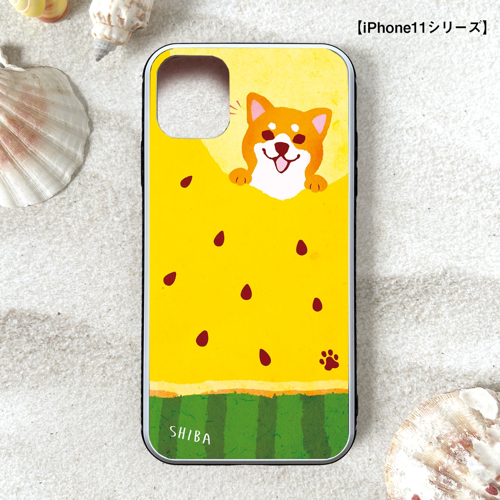 黄色いスイカが食べたい柴ちゃんのガラススマホケース (赤柴) スマホケース 強化ガラス 柴犬 iPhone15 iphone16 iphone13 犬 黒柴 iPhone17e Air iphone14