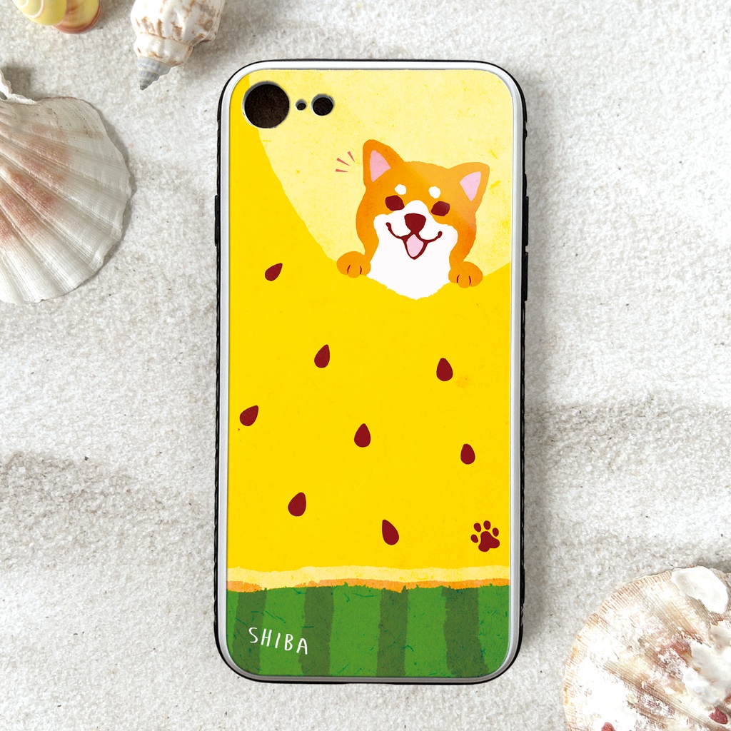 黄色いスイカが食べたい柴ちゃんのガラススマホケース (赤柴) スマホケース 強化ガラス 柴犬 iPhone15 iphone16 iphone13 犬 黒柴 iPhone17e Air iphone14