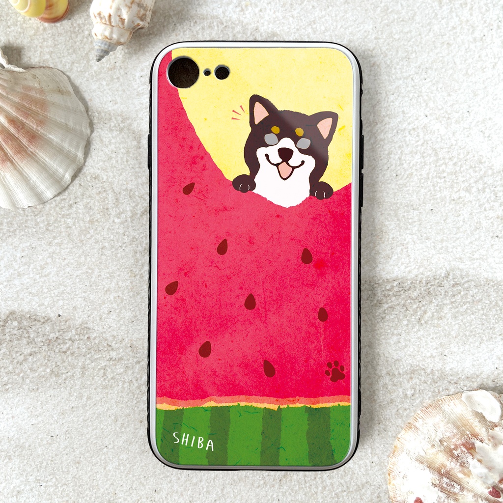 スイカが食べたい柴ちゃんのガラススマホケース (黒柴) スマホケース 強化ガラス 柴犬 iPhone16 iphone15 iphone13 犬 黒柴 iPhone17e Air iphone14