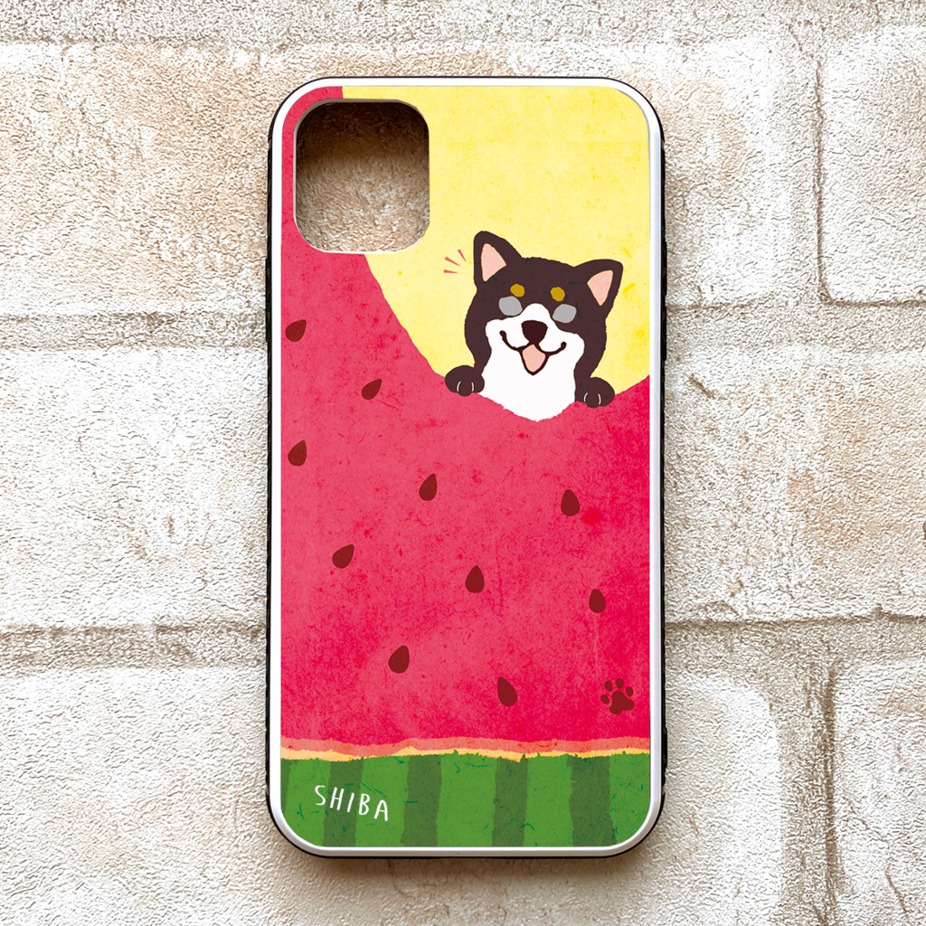 スイカが食べたい柴ちゃんのガラススマホケース (黒柴) スマホケース 強化ガラス 柴犬 iPhone16 iphone15 iphone13 犬 黒柴 iPhone17 Air iphone14