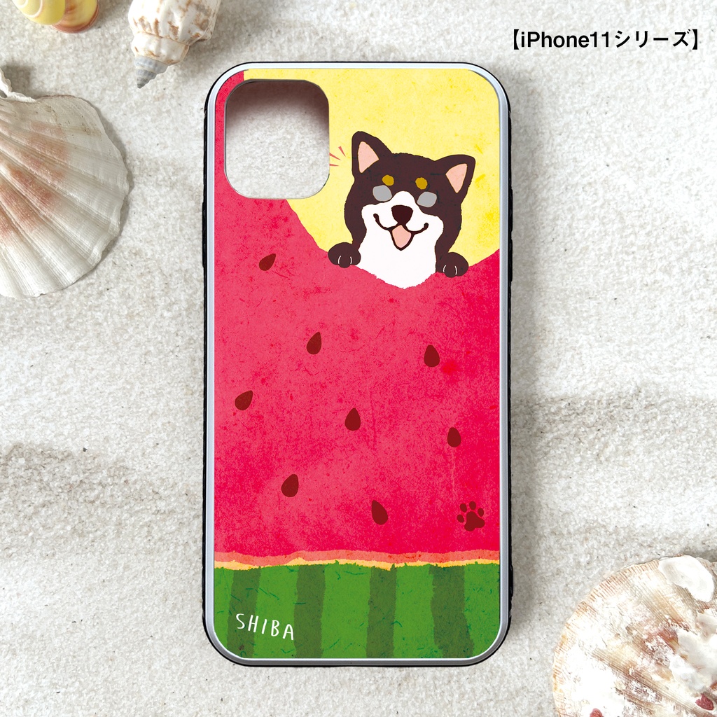 スイカが食べたい柴ちゃんのガラススマホケース (黒柴) スマホケース 強化ガラス 柴犬 iPhone16 iphone15 iphone13 犬 黒柴 iPhone17e Air iphone14