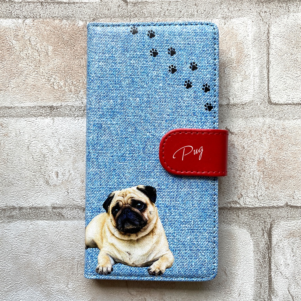 パグとデニムの手帳型スマホケース iphone15 iphone13 iPhone17 Air iphone16e 全機種対応 手帳型 スマホケース 犬 パグ デニム
