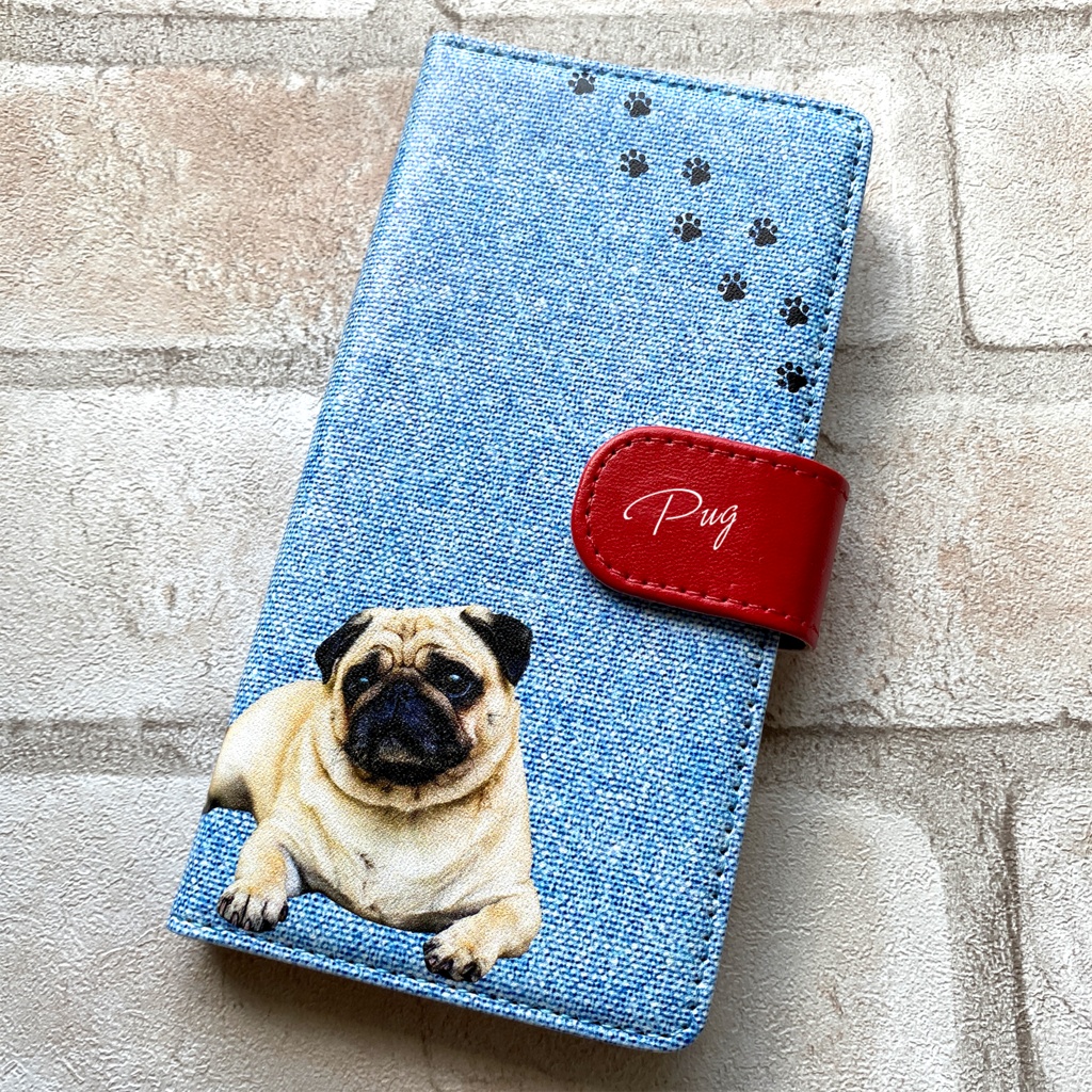 パグとデニムの手帳型スマホケース iphone15 iphone13 iPhone17 Air iphone16e 全機種対応 手帳型 スマホケース 犬 パグ デニム