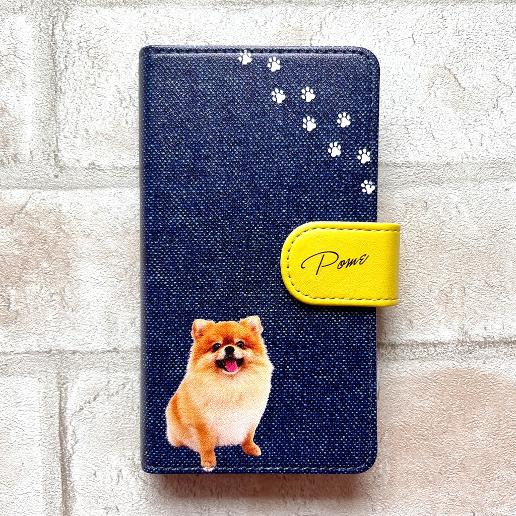 ポメラニアンとデニムの手帳型スマホケース iPhone17 Air iphone15 iphone16e 全機種対応 手帳型 スマホケース 犬 ポメラニアン デニム