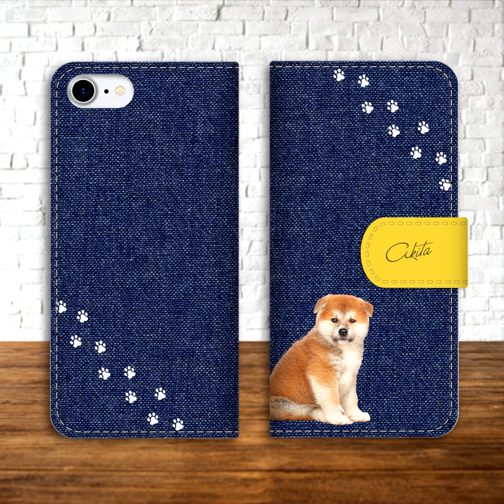 秋田犬とデニムの手帳型スマホケース(イエロー) iphone15 iphone13 iphone16e 全機種対応 手帳型 スマホケース 犬 秋田犬 デニム