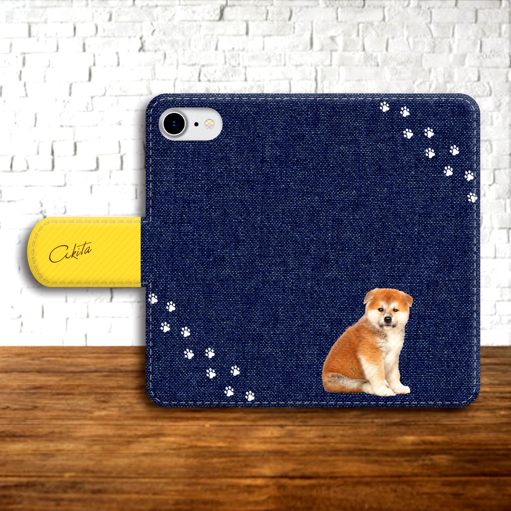 秋田犬とデニムの手帳型スマホケース(イエロー) iphone15 iphone13 iphone16e 全機種対応 手帳型 スマホケース 犬 秋田犬 デニム
