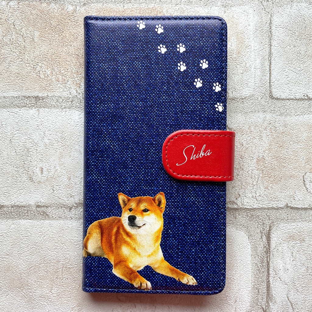 柴犬とデニムの手帳型スマホケース(レッド) iPhone17 Air iphone15 iphone13 iphone16e 全機種対応 手帳型 スマホケース 犬 柴犬 デニム