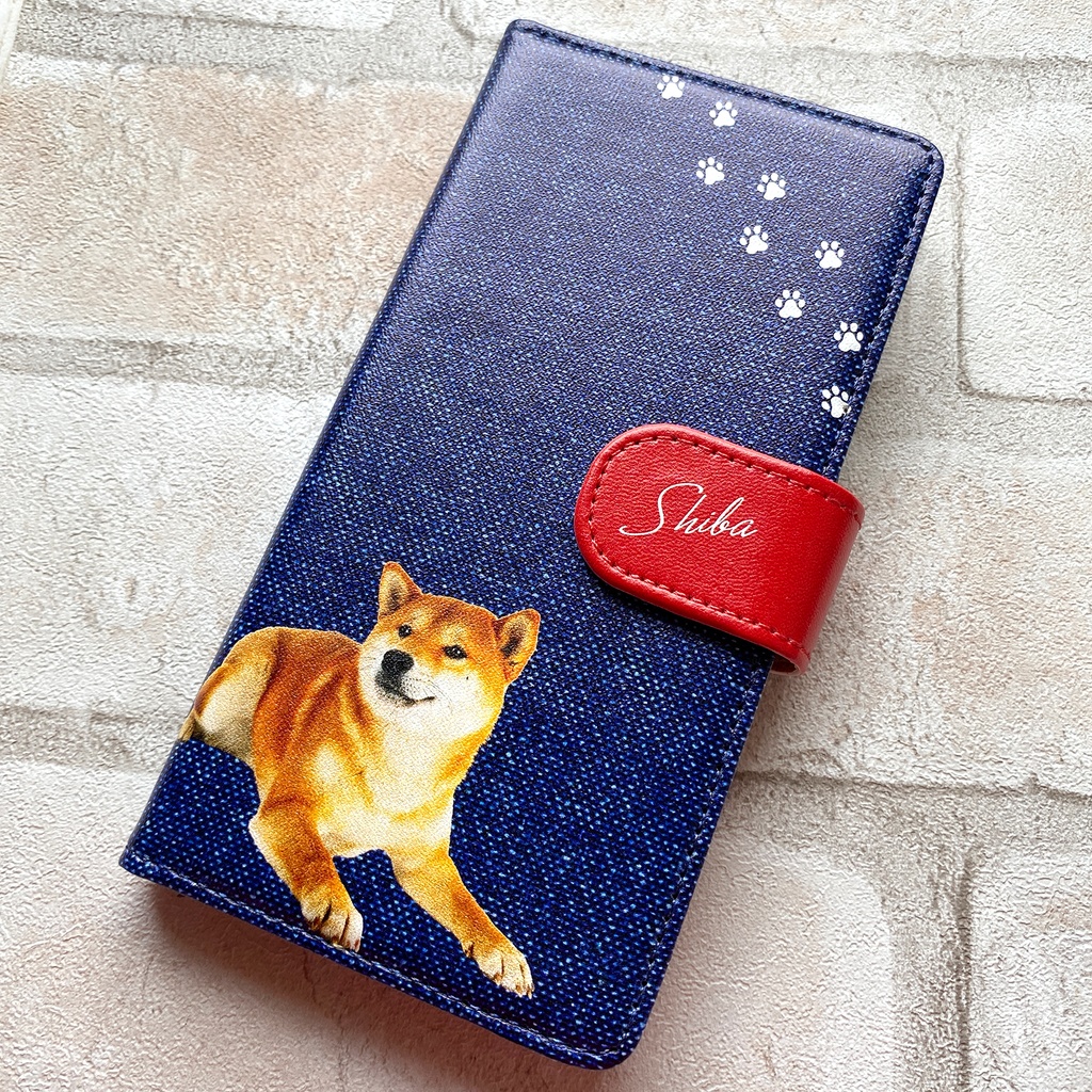 柴犬とデニムの手帳型スマホケース(レッド) iPhone17 Air iphone15 iphone13 iphone16e 全機種対応 手帳型 スマホケース 犬 柴犬 デニム