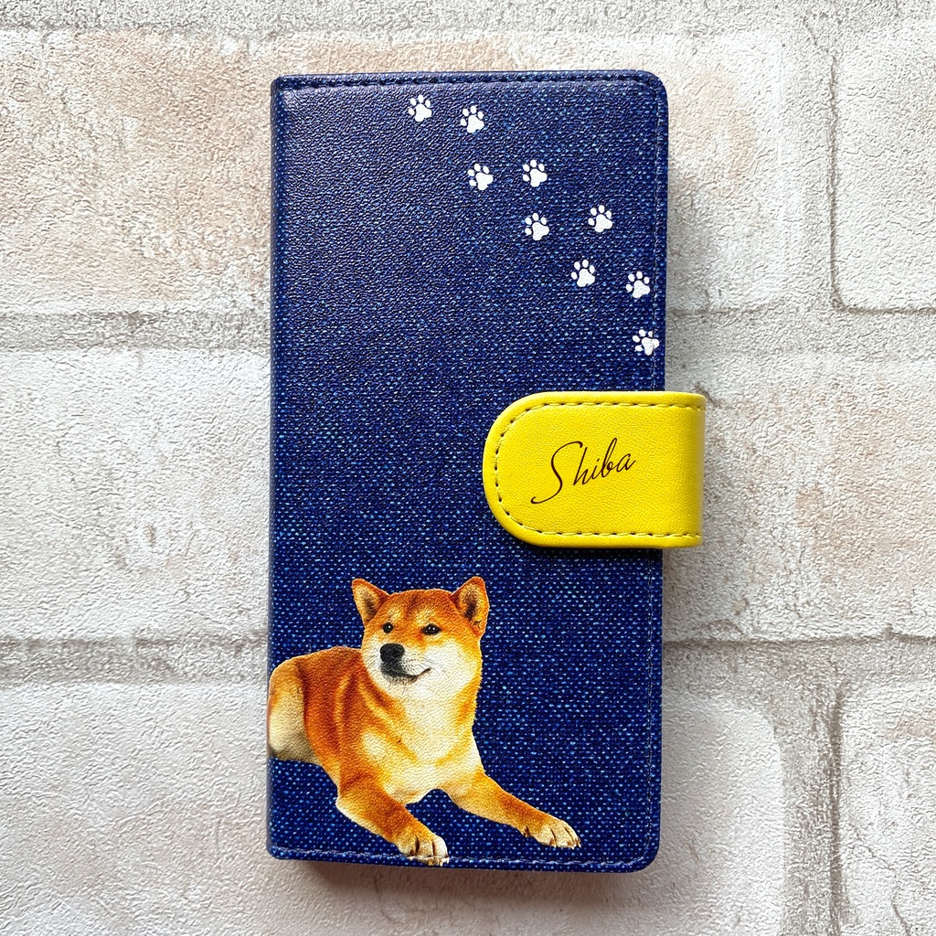 柴犬とデニムの手帳型スマホケース(イエロー) iPhone17 Air iphone15 iphone13 iphone16e 全機種対応 手帳型 スマホケース 犬 柴犬 デニム