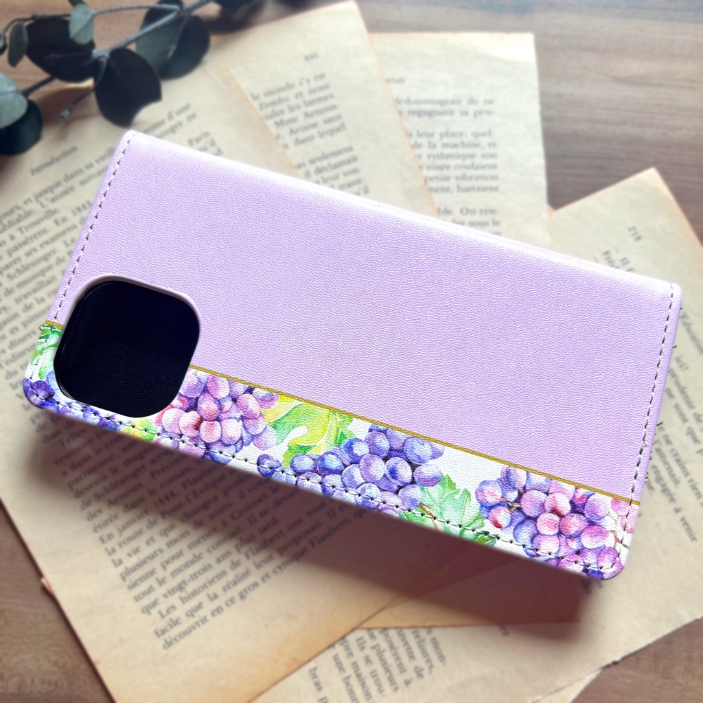 ぶどうの手帳型スマホケース(クイーンニーナ) iphone15 iphone14 iphone16e 全機種対応 花 ぶどう グレープ 手帳型 スマホケース フルーツ 秋