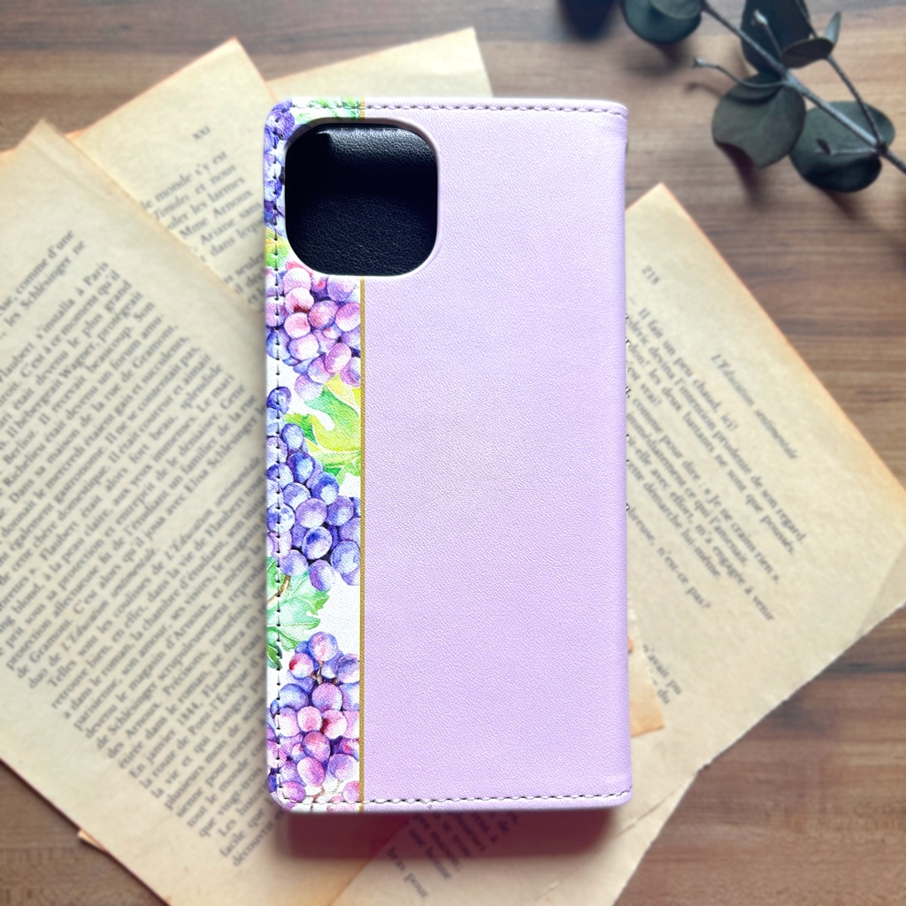 ぶどうの手帳型スマホケース(クイーンニーナ) iphone15 iphone14 iphone16e 全機種対応 花 ぶどう グレープ 手帳型 スマホケース フルーツ 秋