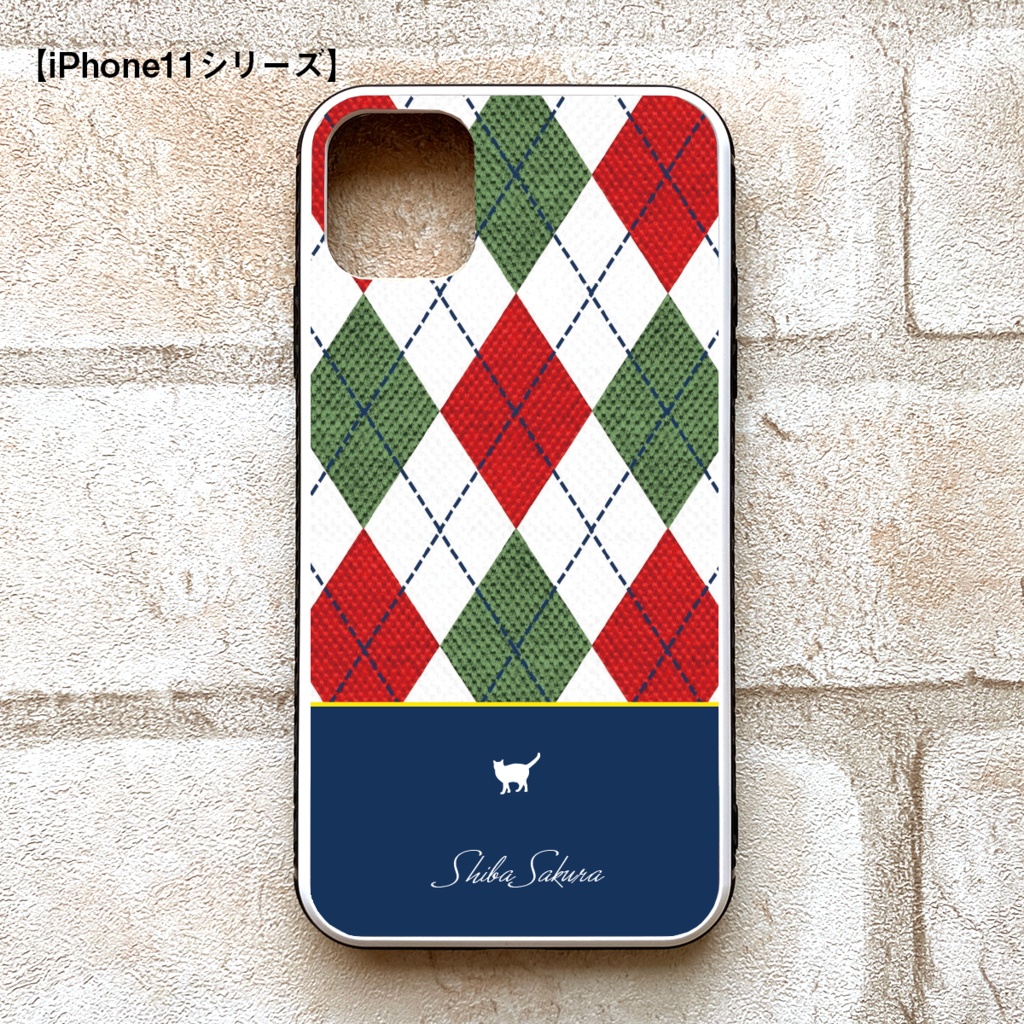 猫とアーガイルのスマホケース(強化ガラス) iPhone13 iphone15 iPhone17 Air iphone13 猫 スマホケース 強化ガラス iPhone16 アーガイル チェック iphone14