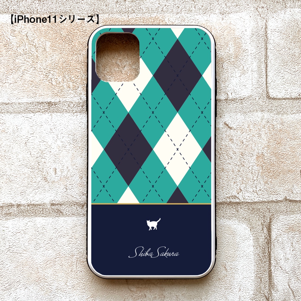 猫とアーガイルのスマホケース(青/強化ガラス)iPhone17 Air iphone16 猫 スマホケース 強化ガラス iPhone13 アーガイル チェック メンズ iphone14 iphone15