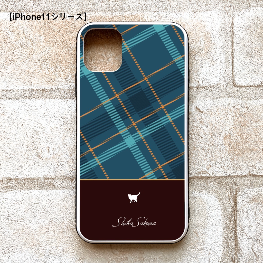 猫とブルーチェックのスマホケース(強化ガラス) iPhone12 iphone15 iPhone17 Air iphone13 猫 スマホケース 強化ガラス iPhone16 メンズ チェック iphone14