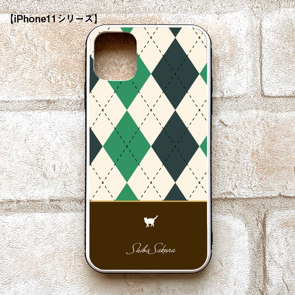 猫とアーガイルのスマホケース(緑/強化ガラス) iPhone12 iphone16 iPhone17 Air 猫 スマホケース 強化ガラス iPhone13 アーガイル チェック メンズ iphone14 iphone15